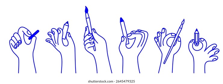 Vector simple linear illustrations, hands and gestures, hand drawn illustrations, poster, logo, print design template, creative work concept, graphic designer professional, creative class, workshop