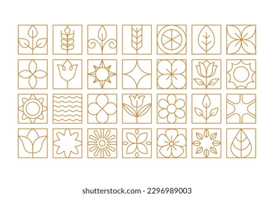 Vector simple linear illustrations and icons, geometric food pattern and banner, flowers and plants simple shapes, eco and bio agriculture concepts