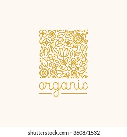 Vector simple logo design template in trendy linear style - abstract emblem for floral shops or studios, wedding florists, creators of custom floral arrangements - square with flowers and leaves