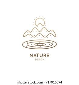 Vector simple logo of nature elements. Linear icon of landscape with mountains, river, sun - business emblems, badge for a travel, tourism and ecology concepts, health and yoga Center.