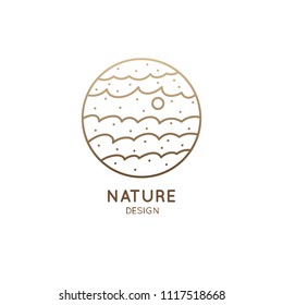Vector simple logo of nature. Linear round icon of sea landscape with waves and sun. Minimal logotype for business emblems, badge for a travel, tourism and ecology concepts, health and yoga Center.