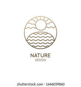 Vector simple logo of nature. Linear icon of landscape with lake and sun. Minimal logotype for business emblems, badge for a travel, tourism and ecology concepts, health and yoga Center.