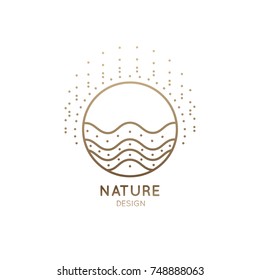 Vector simple logo of nature. Linear round icon of landscape with sea and sun. Minimal logotype for business emblems, badge for a travel, tourism and ecology concepts, health and yoga Center.