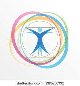 Vector simple logo stylized Vitruvian Man with orbiting rings