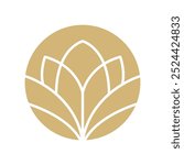 Vector simple lotus flower logo white line on beige background. Template elegant element in trendy linear style. abstract emblem for floral shops or studios, wedding florists, creators of custom