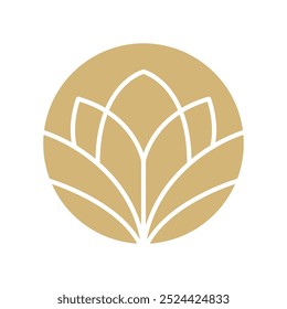 Vector simple lotus flower logo white line on beige background. Template elegant element in trendy linear style. abstract emblem for floral shops or studios, wedding florists, creators of custom