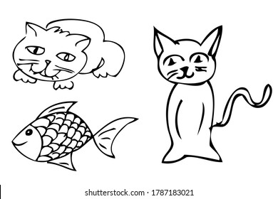 Vector simple Manual hand draw sketch cat anf fish 
