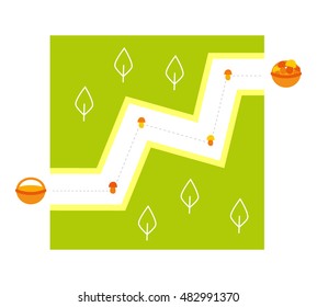 Vector simple maze game for child. Activity pages with kids. Collect mushrooms in a basket