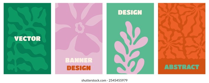 Vector de fondos mínimos simples en colores llamativos brillantes, estilo simple ondulado y groovy naive, flores y plantas, Plantillas de diseño botánico floral dibujado a mano, marcos e impresiones modernas de arte mural, carteles