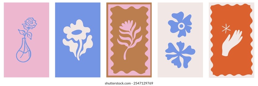Vector simple minimal illustrations, simple wavy and groovy. hand drawn naive style, flowers and plants, floral botanic design templates, frames and modern wall art prints, posters, placards
