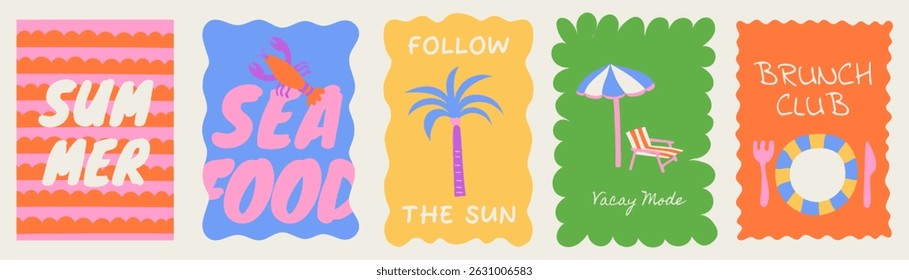 Vector simple minimal illustrations, simple wavy and groovy doodle naive style, simple hand drawn design templates for cards and prints, posters, wall art, summer vacation and travel