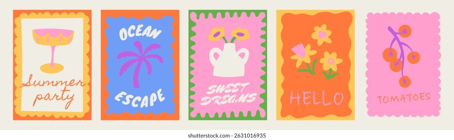 Vetor simples ilustrações mínimas, simples ondulado e groovy doodle estilo ingênuo, modelos de design desenhados à mão simples para cartões e impressões, cartazes, arte de parede, férias de verão e viagens