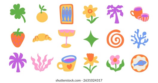 Vetor simples ilustrações mínimas, simples ondulado e groovy doodle estilo ingênuo, modelos de design desenhados à mão simples para cartões e impressões, cartazes, arte de parede, férias de verão e viagens