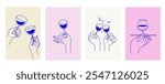 Vector simple minimal linear style illustration with cartoon hands holding wine glasses, celebration and party vibe, invitation design element, banner, template
