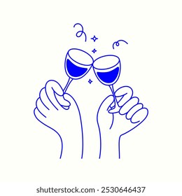 Vector simple minimal linear style illustration with cartoon hands holding wine glasses, celebration and party vibe, invitation design element, banner, template