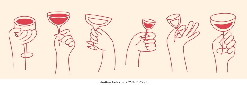 Vector simple minimal linear style illustration with cartoon hands holding wine glasses, celebration and party vibe, invitation design element, banner, template