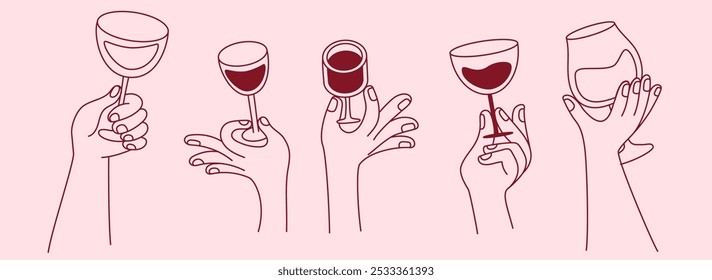 Vector simple minimal linear style illustration with cartoon hands holding wine glasses, celebration and party vibe, invitation design element, banner, template