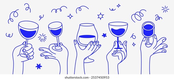 Ilustración de estilo lineal minimalista simple de Vector con manos de dibujos animados que sostienen copas de vino, celebración y ambiente de fiesta, elemento de diseño de invitación, Anuncio, Plantilla