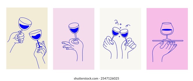 Vector simple minimal linear style illustration with cartoon hands holding wine glasses, celebration and party vibe, invitation design element, banner, template
