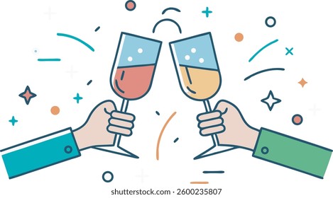 Vector simple minimal linear style illustration with cartoon hands holding wine glasses, celebration and party