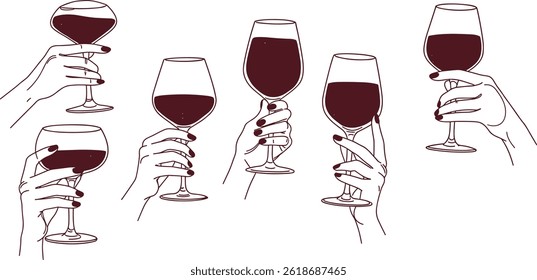 Ilustração de estilo linear mínimo simples de vetor com mãos de desenho animado segurando copos de vinho,
