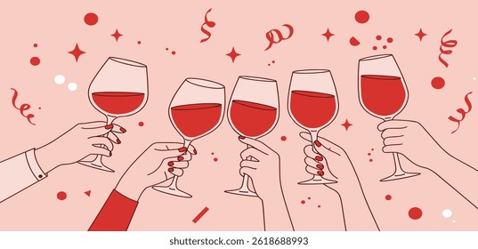 Vector simple minimal linear style illustration with cartoon hands holding wine glasses, celebration