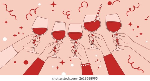 Vector simple minimal linear style illustration with cartoon hands holding wine glasses, celebration