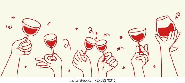Vector simple minimal linear style illustration with sketch hands holding wine glasses, celebration and party vibe, invitation design element, banner, template
