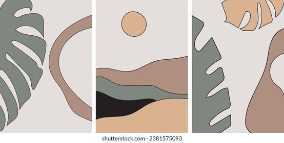 Colección vectorial, sencilla y moderna, de estilo boho en tonos beige: hojas de palma y monstera, paisaje. Obtención de la mano de fondo