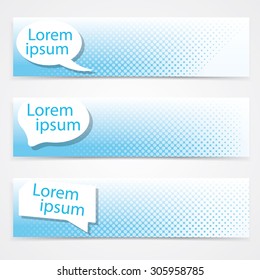 Vector simple modern horizontal banners set with talk bubble. Blue. Extensive use - www, webside, web, backdrop, card, poster, label etc. Eps 10.