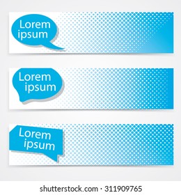 Vector simple modern horizontal banners set with talk bubble. Blue. Extensive use - www, webside, web, backdrop, card, poster, label etc. Eps 10.