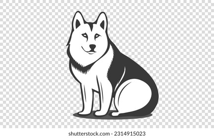 Vector simple monochrome black and white sitting dog. Logo or sticker. Pedigree Alaskan Malamute, Husky or Laika.