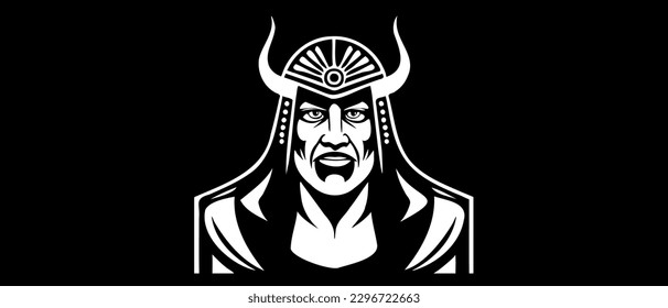 Vector simple monochrome portrait of a brutal scary man in a helmet with horns on a black background.