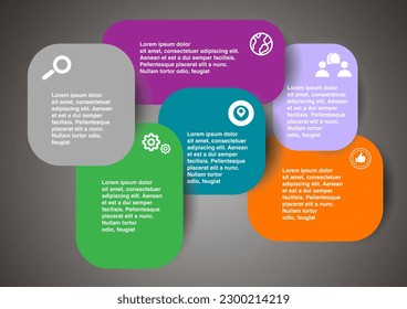 Vector simple multipurpose infographic template with rectangle photo placeholders icons and text blocks. Business company overview profile with photos and solid color blocks