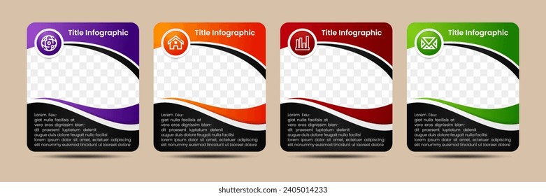 Vector simple plantilla infográfica multipropósito con iconos de marcadores de foto rectangulares y bloques de texto. Perfil general de la empresa de negocios, cuatro bloques de color gradiente seleccionados. fondo negro