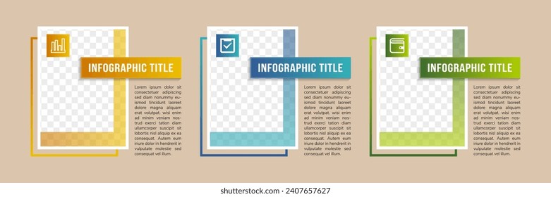 Vector simple multipurpose infographic template with rectangle photo placeholders icons and text blocks. Business company overview profile with photos and solid color blocks. three color choices.