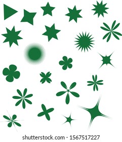 Vector simple objects - stars and flowers green color various shapes all you need