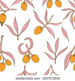 Vector simple olive seamless pattern in pink and yellow delicate colors. Creative olive pattern.