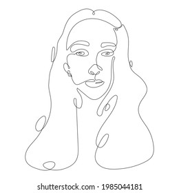 Vector simple one line art illustration. Head with face of a woman with long hair. Long lasting line in an elegant style for tattoos, templates, prints.