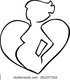 Vector simple outline black and white pregnant woman silhouette in heart 