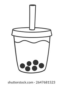 Vetor simples esboço ilustração isolada de bolha xícara de chá com bolas de tapioca em preto e branco.