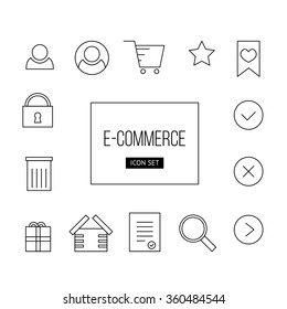 Vector simple outline set of icon e-commerce: user, delete, shop, favorite, star, close, yes, gift, password for web and mobile app.