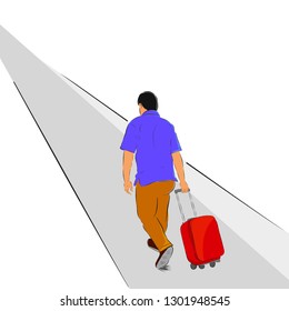 vector simple outline sketch of walking traveler, view from back