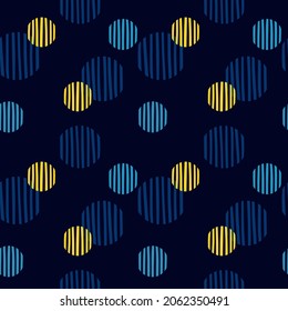 Patrón vectorial simple con grandes círculos coloridos. Elegante fondo transparente con fondo azul marino y puntos de polka azules y amarillos. Patrón de tela, textil, papel de pared, papel de envoltura, etc.