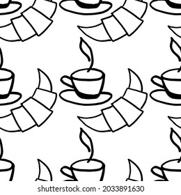 Vector simple pattern of coffee croissant. Fresh pastries and hot coffee, tea.