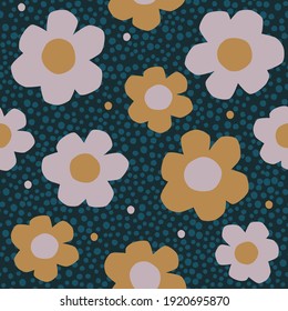 Vector simple pattern with stylized flowers. Stylish seamless background with navy blue background, blue dots and sand and purple daisy flowers. Floral pattern for fabric and wrapping paper.