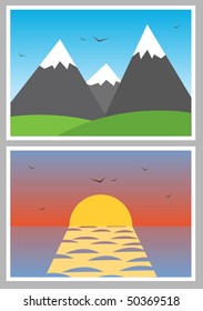 Iconos de fotos simples vectoriales con diferentes paisajes