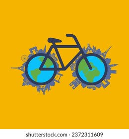 Vector simple picture with bicycle, planet, landmarks.