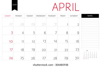 Vector simple planning calendar April 2016 with a place for notes. Weeks start on Sunday