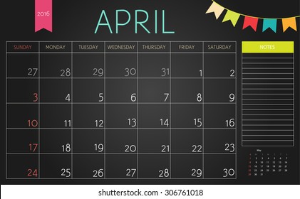 Vector simple planning calendar April 2016 with a place for notes on blackboard chalk background. Weeks start on Sunday